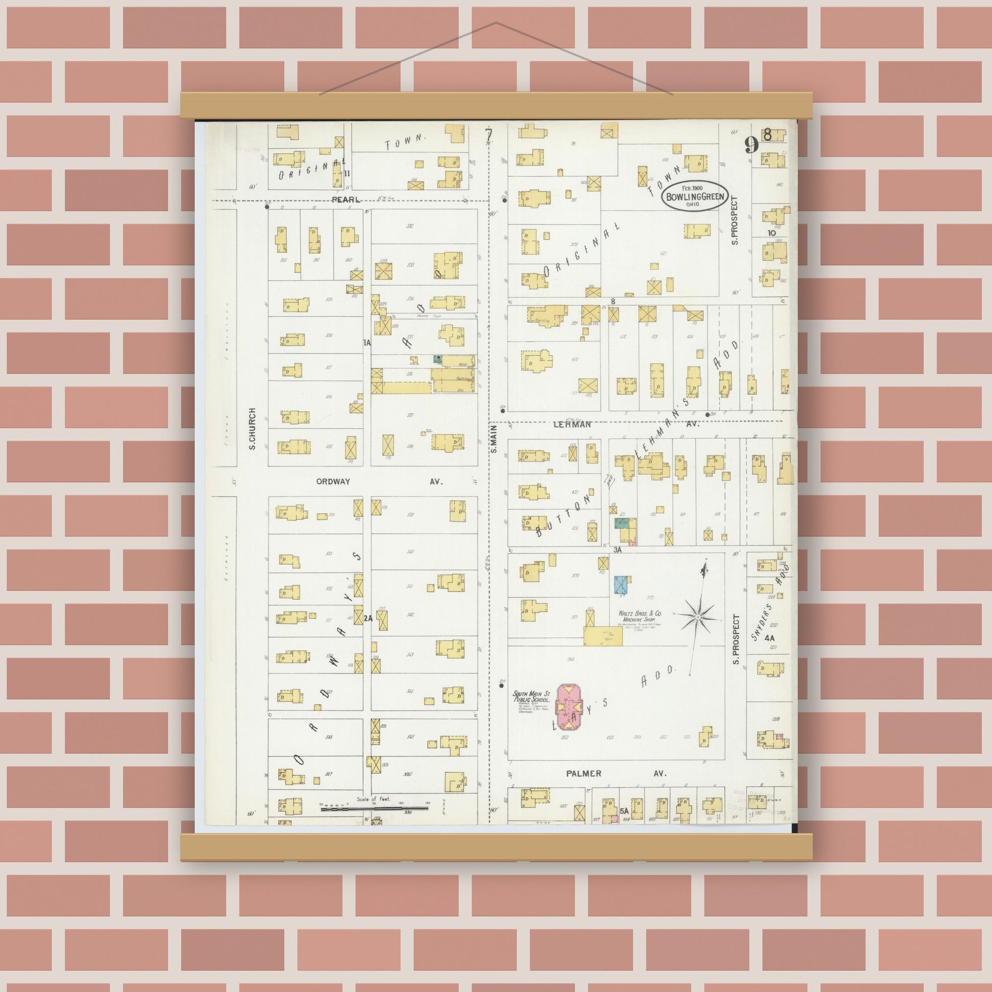 Old map wall art mockup — magnetic wood frame on brick wall — Sanborn Fire Insurance Map from Bowling Green, Wood County, Ohio (1900), Sheet #0009