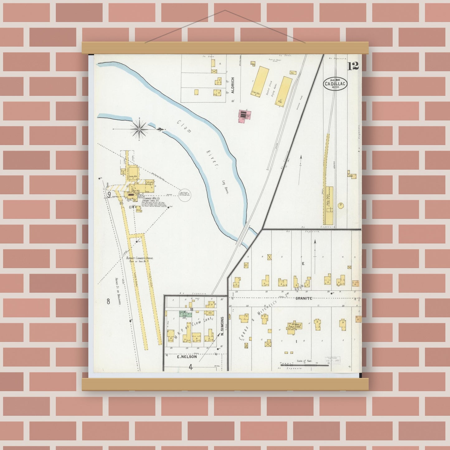 Old map wall art mockup — magnetic wood frame on brick wall — Sanborn Fire Insurance Map from Cadillac, Wexford County, Michigan (1900), Sheet #0012