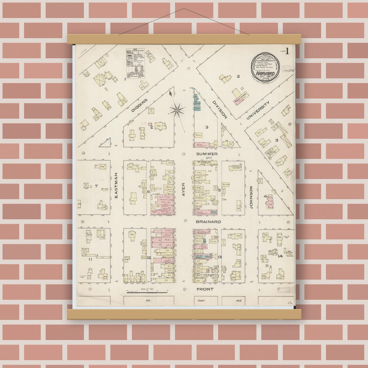 Old map wall art mockup — magnetic wood frame on brick wall — Sanborn Fire Insurance Map from Harvard, McHenry County, Illinois (1885) - Complete Map Set