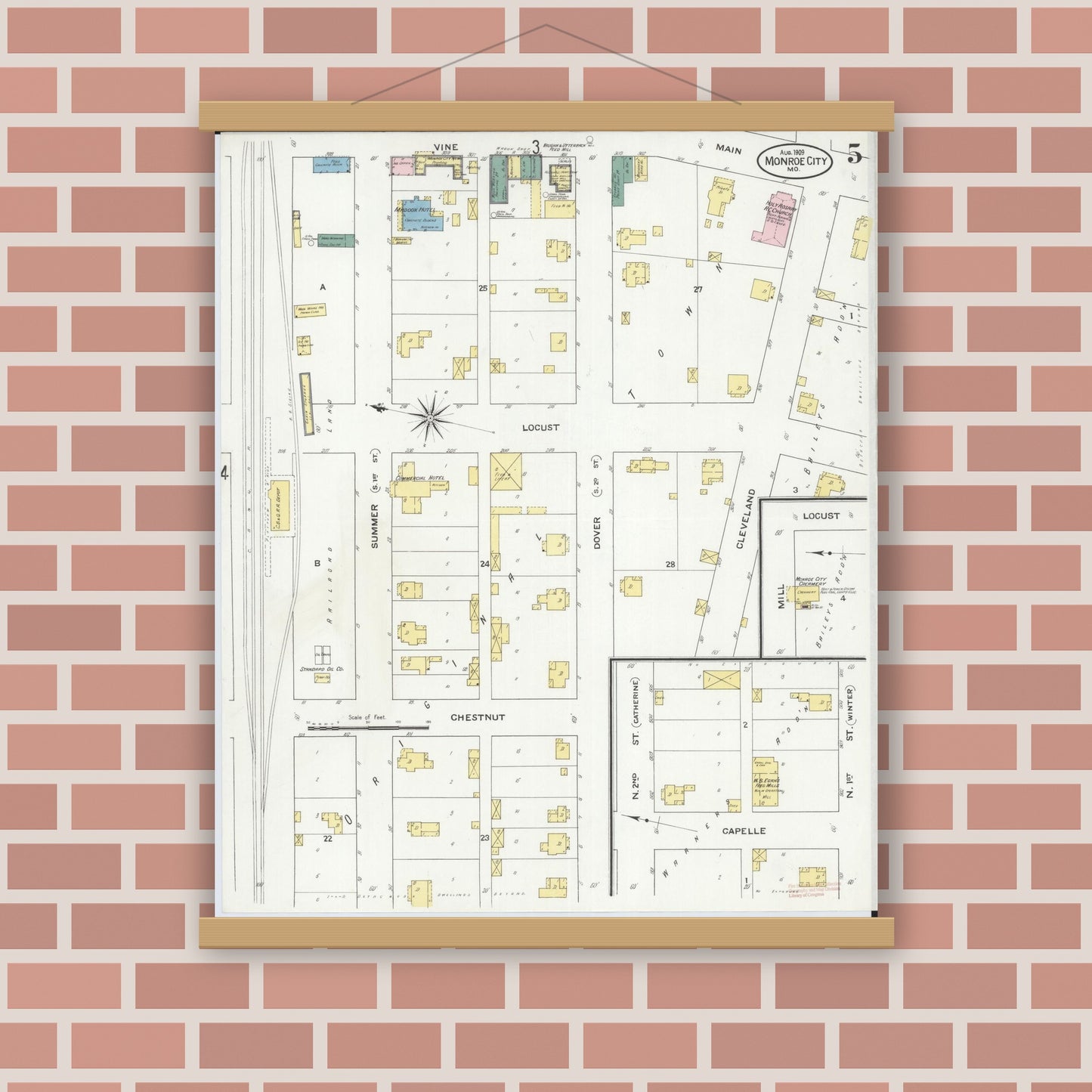 Old map wall art mockup — magnetic wood frame on brick wall — Sanborn Fire Insurance Map from Monroe City, Monroe County, Missouri (1909), Sheet #0005