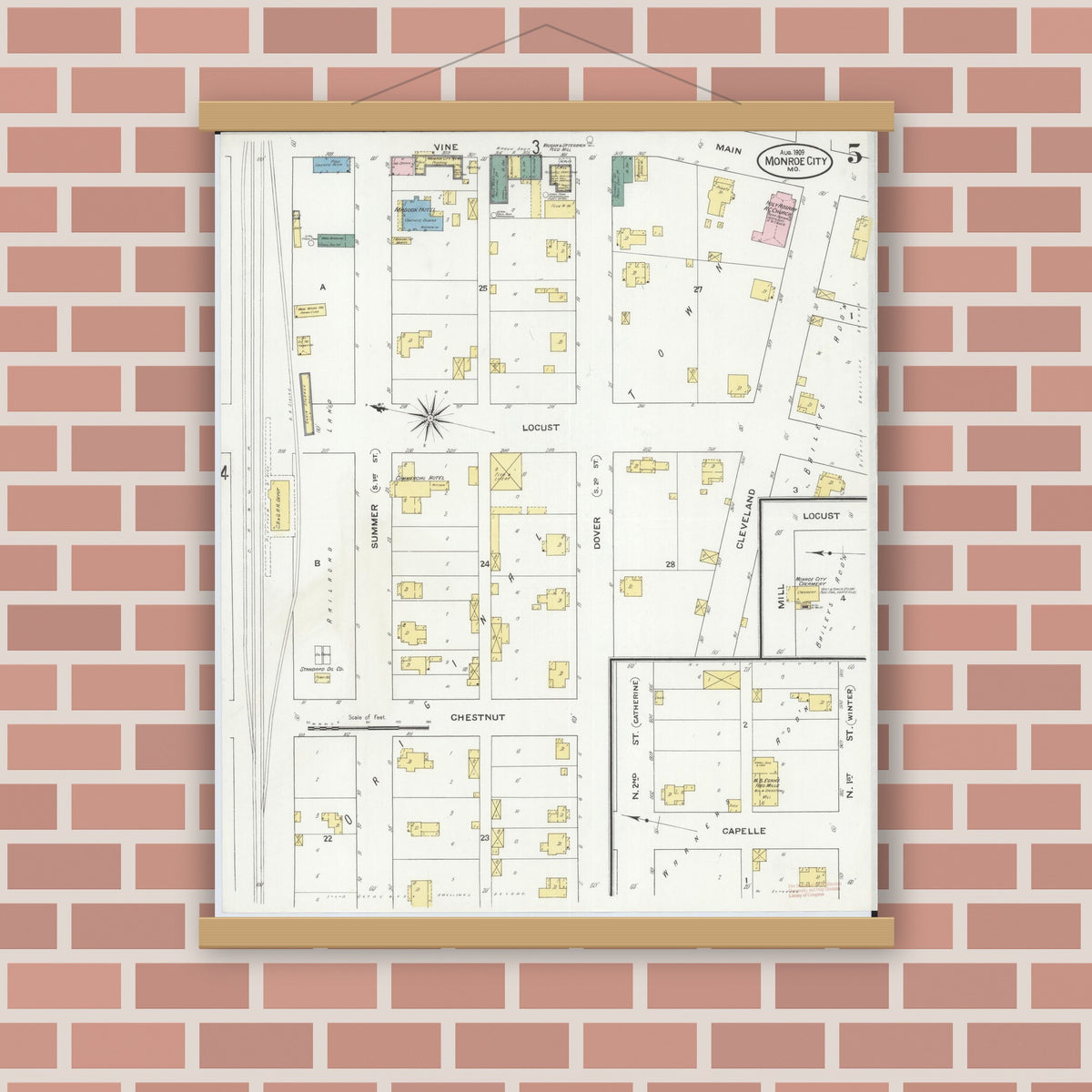 Old map wall art mockup — magnetic wood frame on brick wall — Sanborn Fire Insurance Map from Monroe City, Monroe County, Missouri (1909), Sheet #0005
