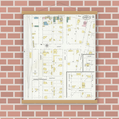 Old map wall art mockup — magnetic wood frame on brick wall — Sanborn Fire Insurance Map from Monroe City, Monroe County, Missouri (1909), Sheet #0005