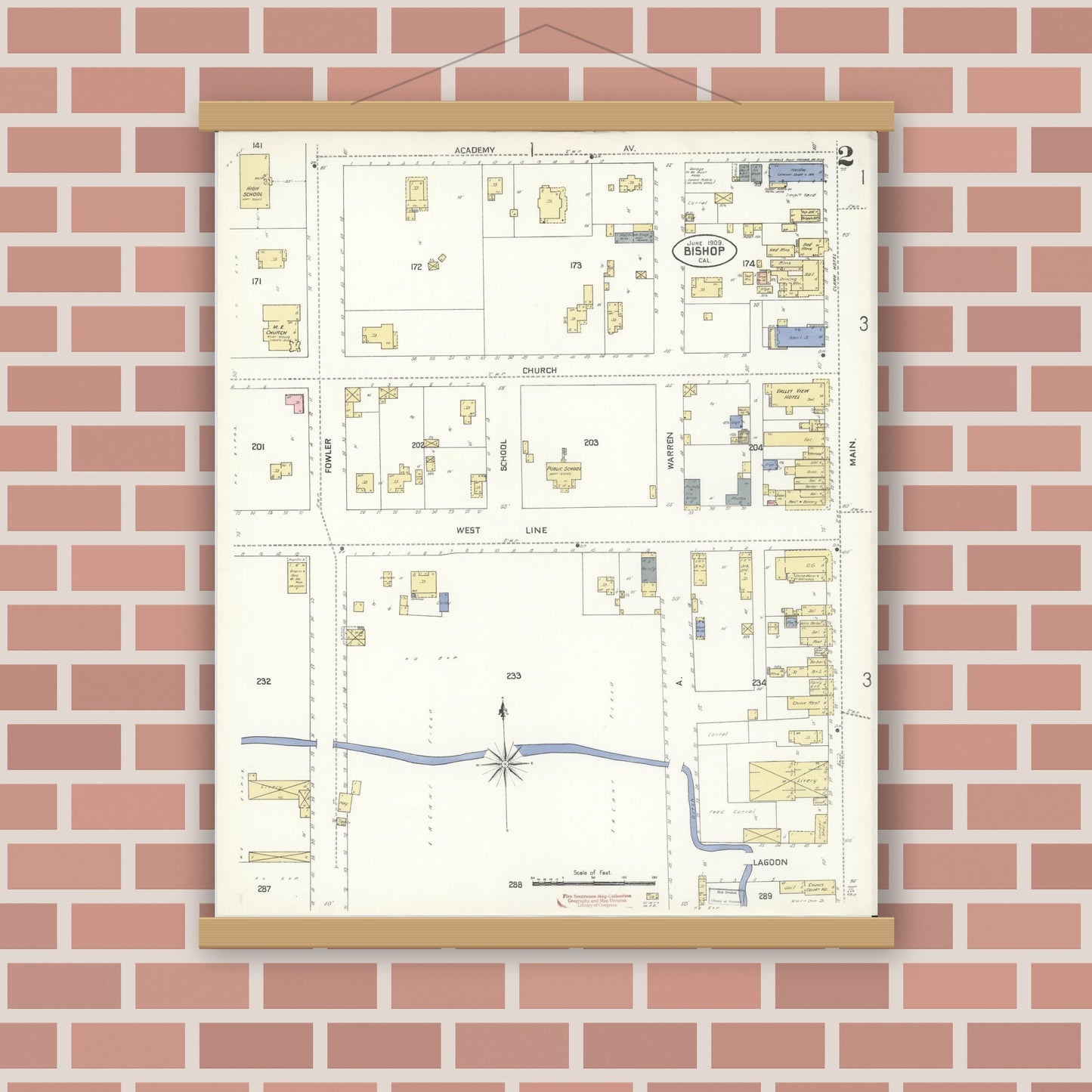 Old map wall art mockup — magnetic wood frame on brick wall — Sanborn Fire Insurance Map from Bishop, Inyo County, California (1909), Sheet #0002