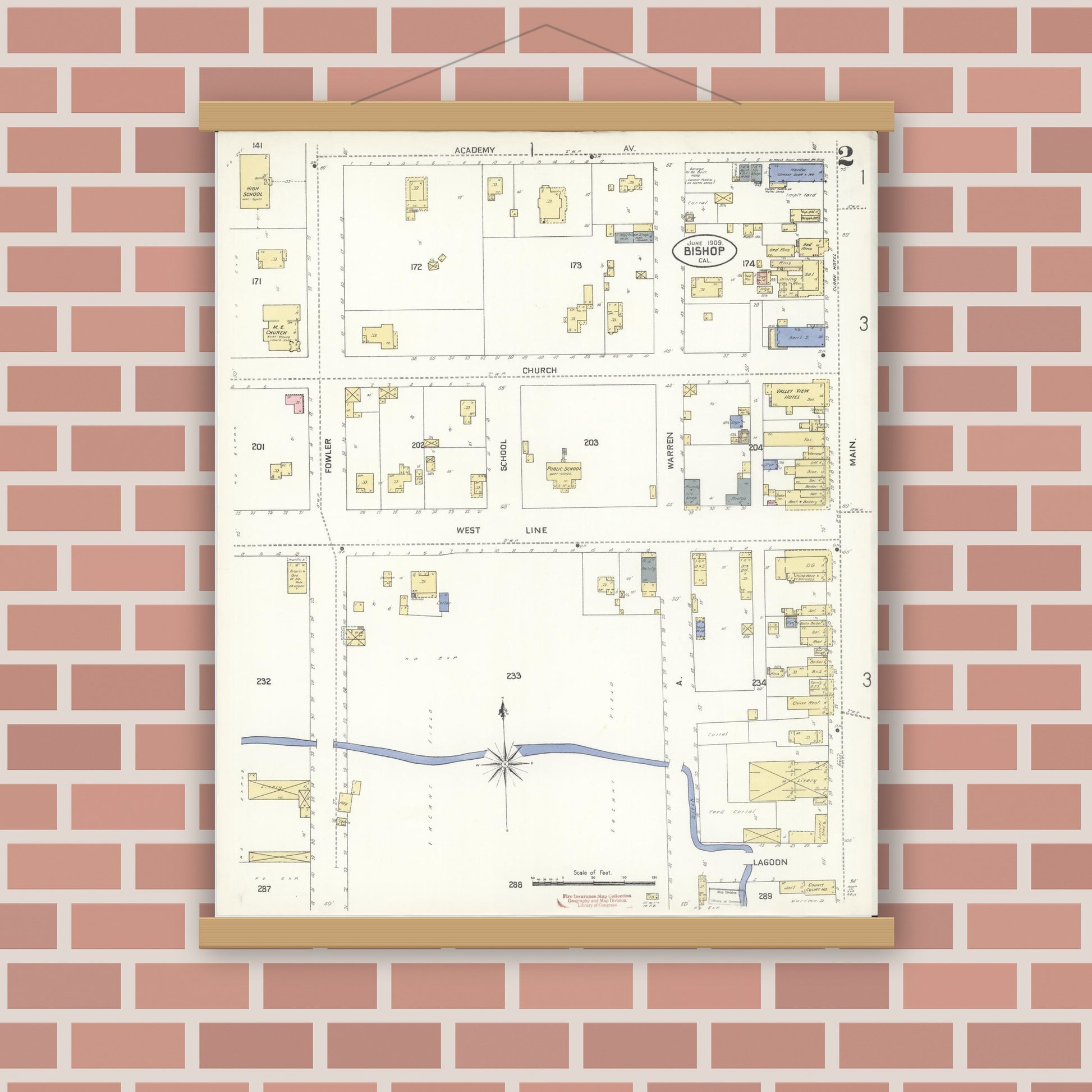 Old map wall art mockup — magnetic wood frame on brick wall — Sanborn Fire Insurance Map from Bishop, Inyo County, California (1909), Sheet #0002