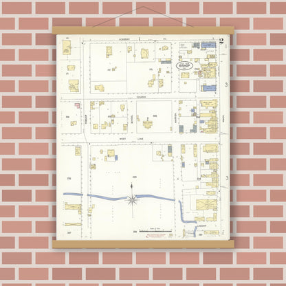 Old map wall art mockup — magnetic wood frame on brick wall — Sanborn Fire Insurance Map from Bishop, Inyo County, California (1909), Sheet #0002