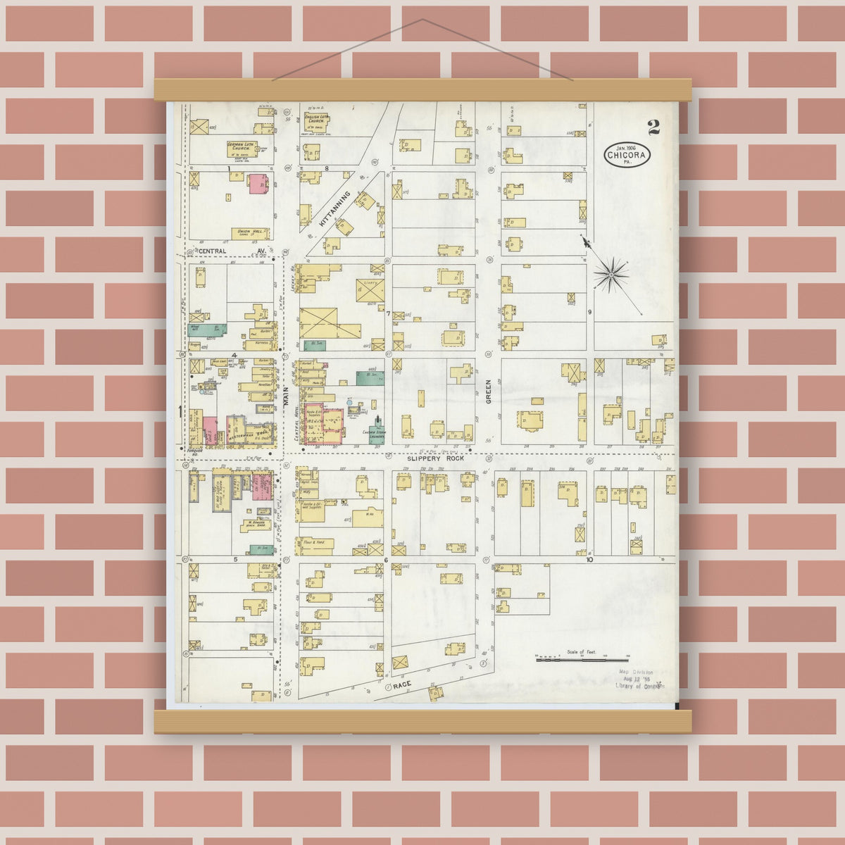 Old map wall art mockup — magnetic wood frame on brick wall — Sanborn Fire Insurance Map from Chicora, Butler County, Pennsylvania (1906), Sheet #0002