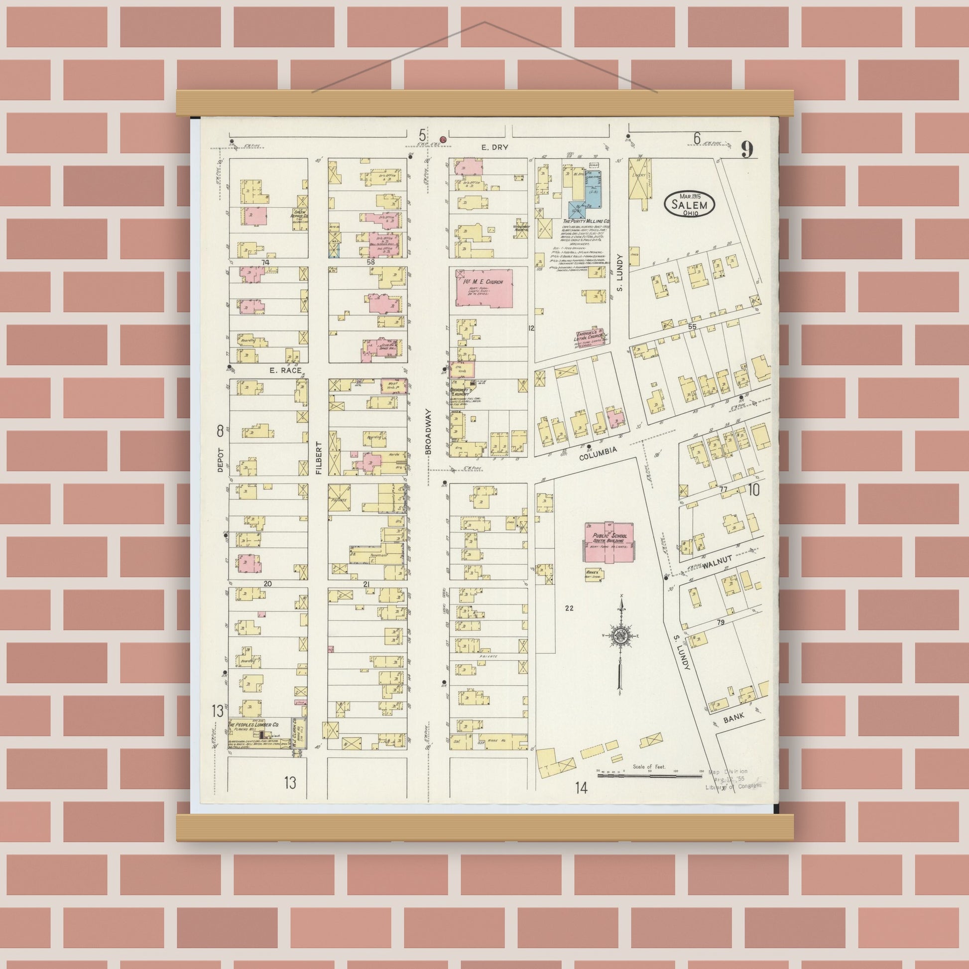 Old map wall art mockup — magnetic wood frame on brick wall — Sanborn Fire Insurance Map from Salem, Columbiana County, Ohio (1915), Sheet #0009