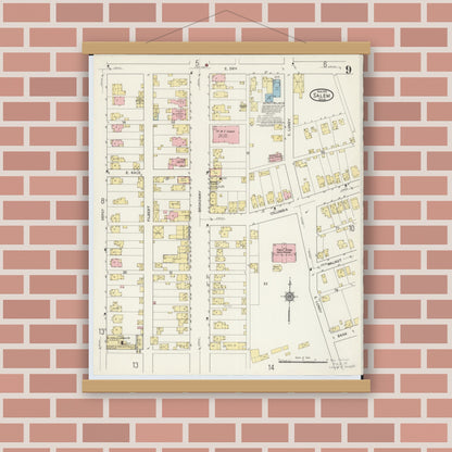 Old map wall art mockup — magnetic wood frame on brick wall — Sanborn Fire Insurance Map from Salem, Columbiana County, Ohio (1915), Sheet #0009