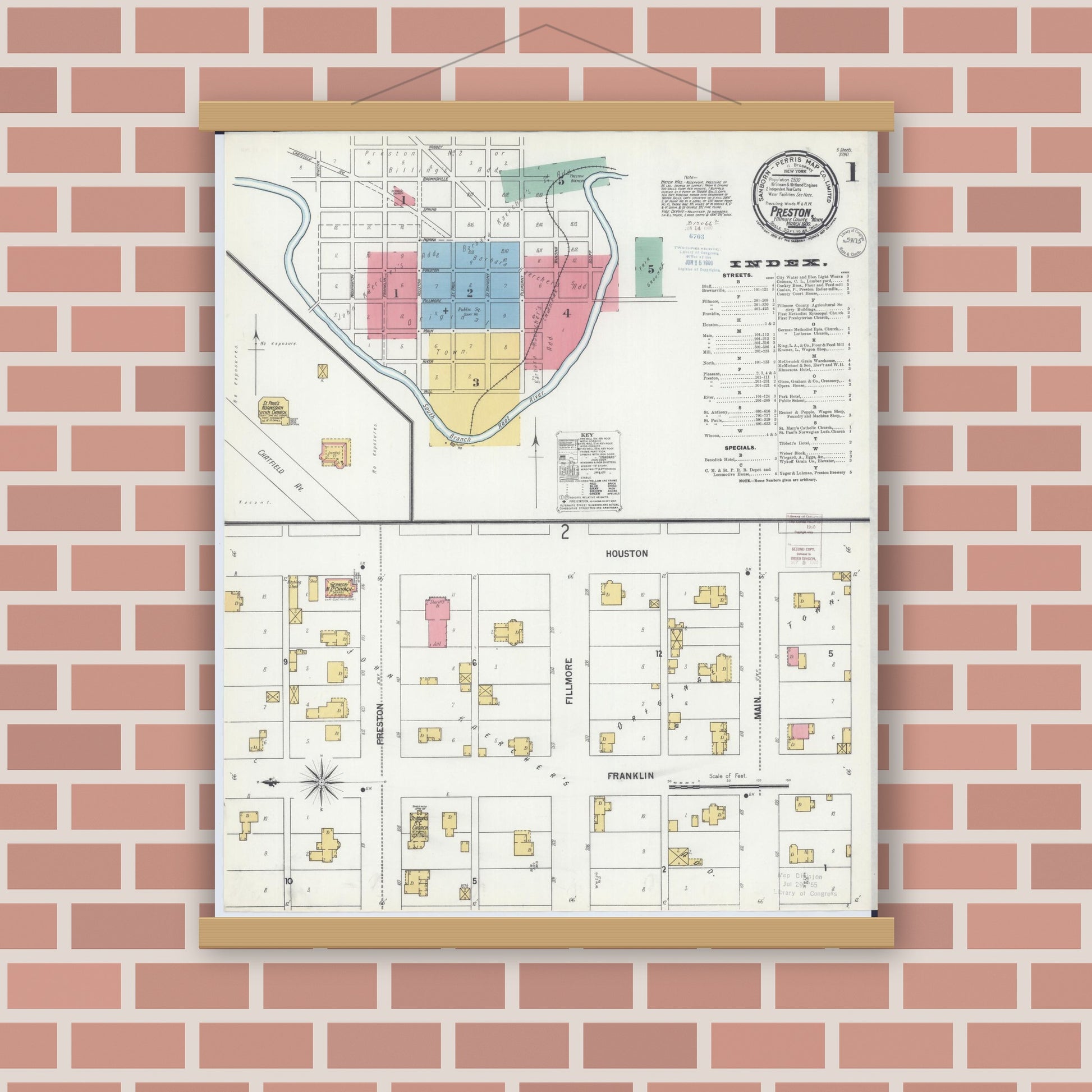 Old map wall art mockup — magnetic wood frame on brick wall — Sanborn Fire Insurance Map from Preston, Fillmore County, Minnesota (1900) - Complete Map Set