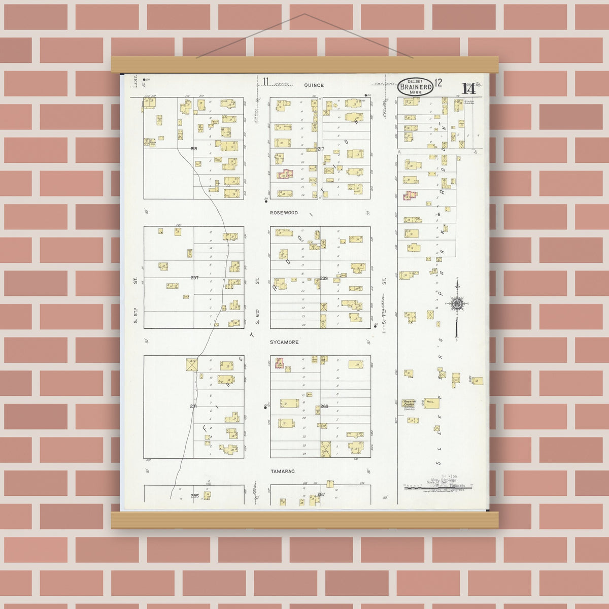 Old map wall art mockup — magnetic wood frame on brick wall — Sanborn Fire Insurance Map from Brainerd, Crow Wing County, Minnesota (1917), Sheet #0014