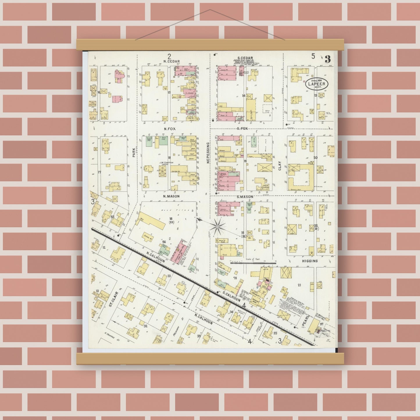 Old map wall art mockup — magnetic wood frame on brick wall — Sanborn Fire Insurance Map from Lapeer, Lapeer County, Michigan (1898), Sheet #0003