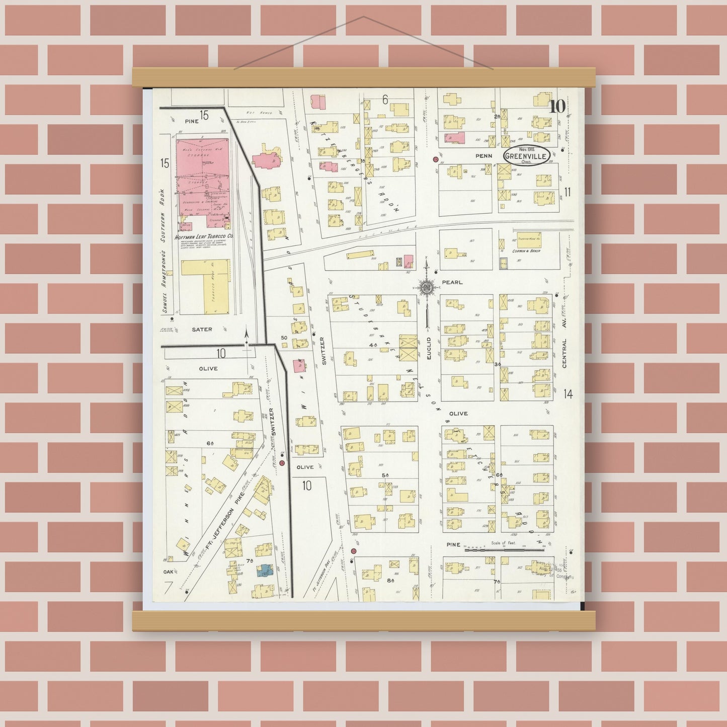 Old map wall art mockup — magnetic wood frame on brick wall — Sanborn Fire Insurance Map from Greenville, Darke County, Ohio (1910), Sheet #0010