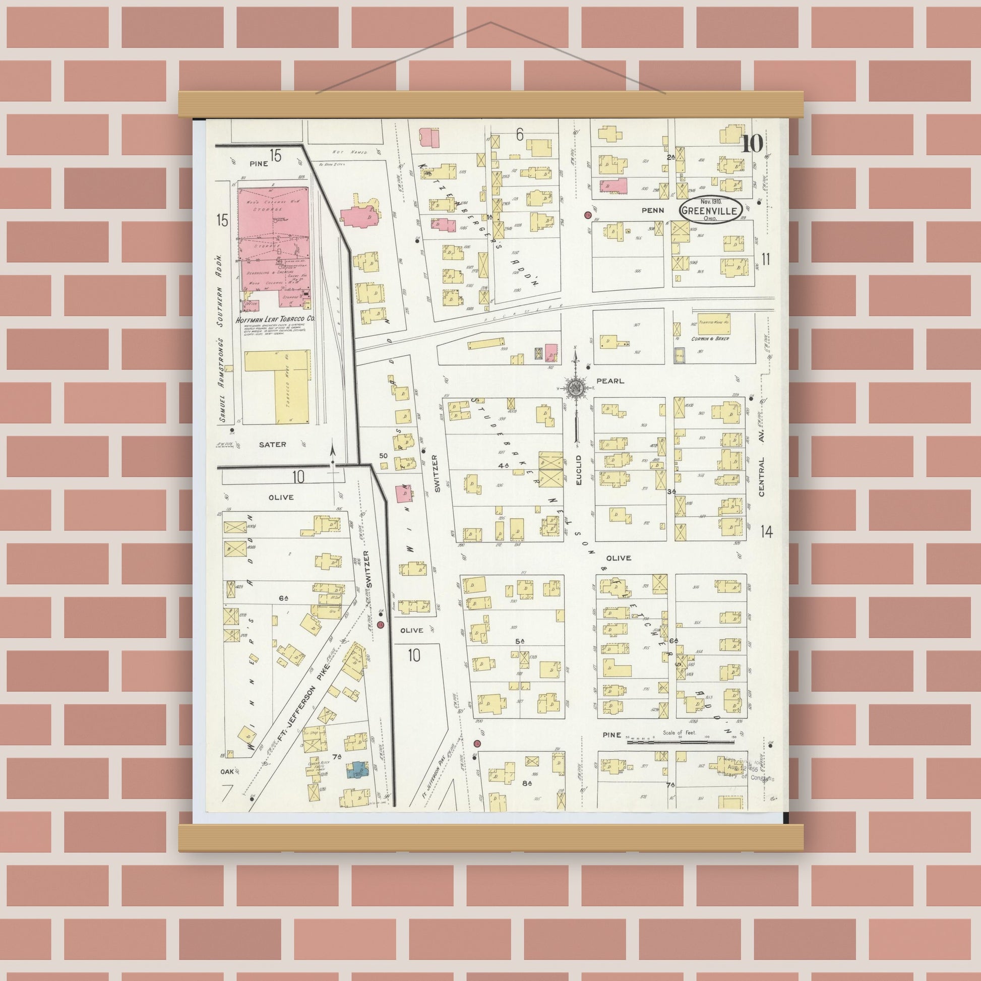Old map wall art mockup — magnetic wood frame on brick wall — Sanborn Fire Insurance Map from Greenville, Darke County, Ohio (1910), Sheet #0010