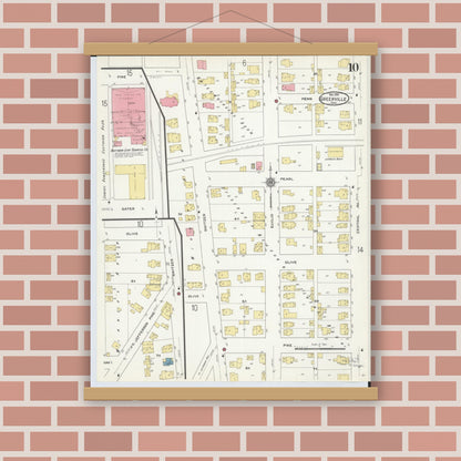 Old map wall art mockup — magnetic wood frame on brick wall — Sanborn Fire Insurance Map from Greenville, Darke County, Ohio (1910), Sheet #0010