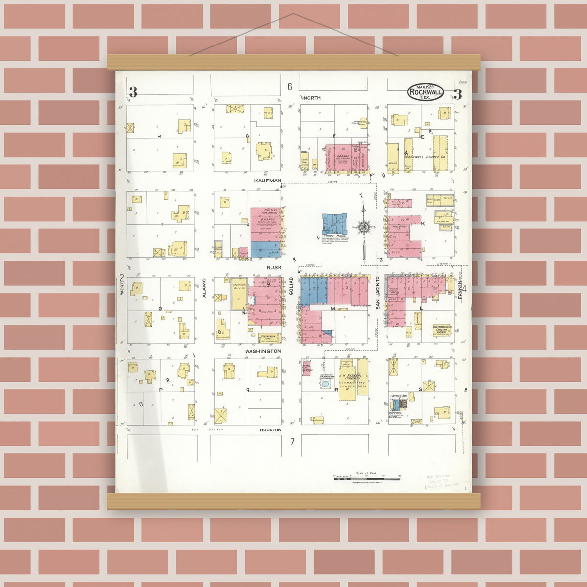 Old map wall art mockup — magnetic wood frame on brick wall — Sanborn Fire Insurance Map from Rockwall, Rockwall County, Texas (1923), Sheet #0003