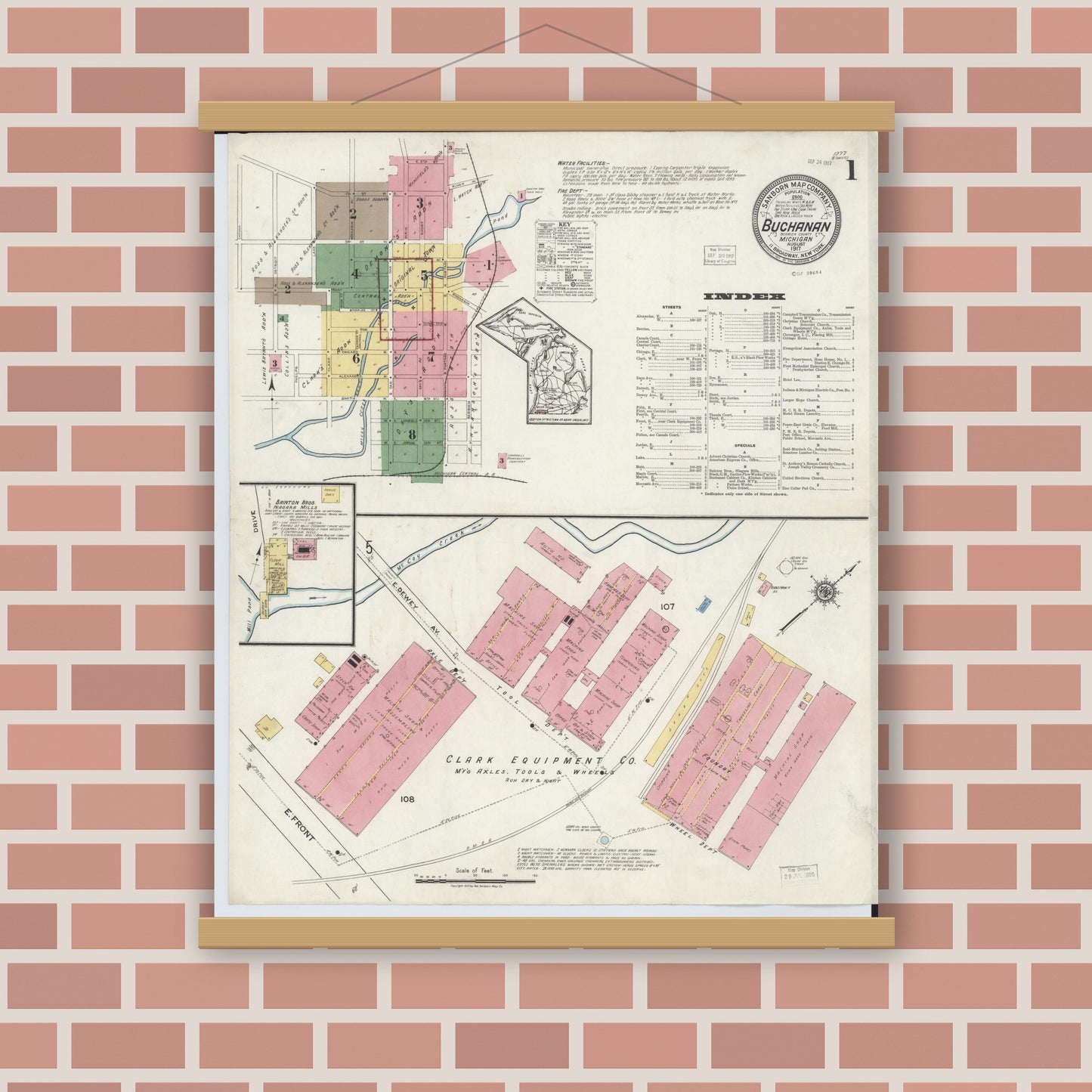 Old map wall art mockup — magnetic wood frame on brick wall — Sanborn Fire Insurance Map from Buchanan, Berrien County, Michigan (1917) - Complete Map Set