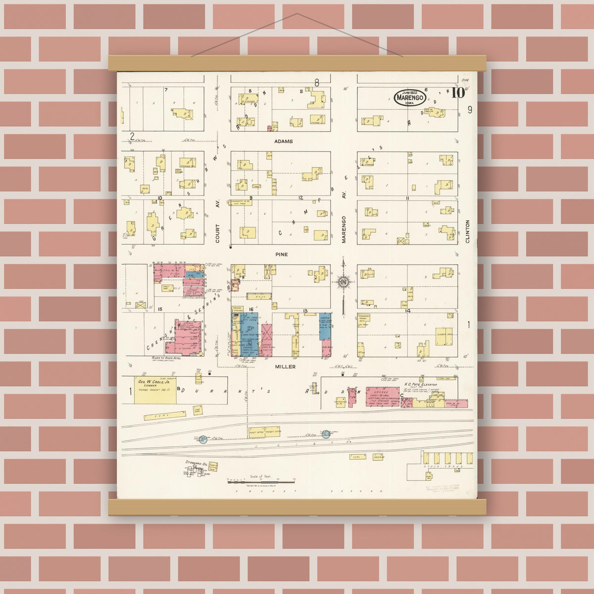 Old map wall art mockup — magnetic wood frame on brick wall — Sanborn Fire Insurance Map from Marengo, Iowa County, Iowa (1922), Sheet #0010