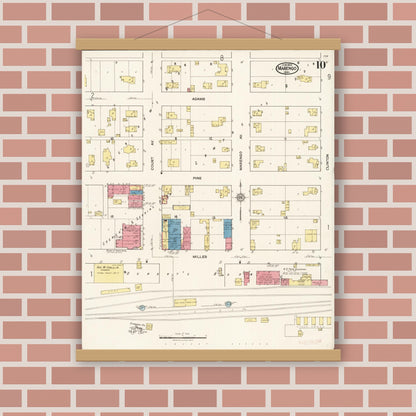 Old map wall art mockup — magnetic wood frame on brick wall — Sanborn Fire Insurance Map from Marengo, Iowa County, Iowa (1922), Sheet #0010