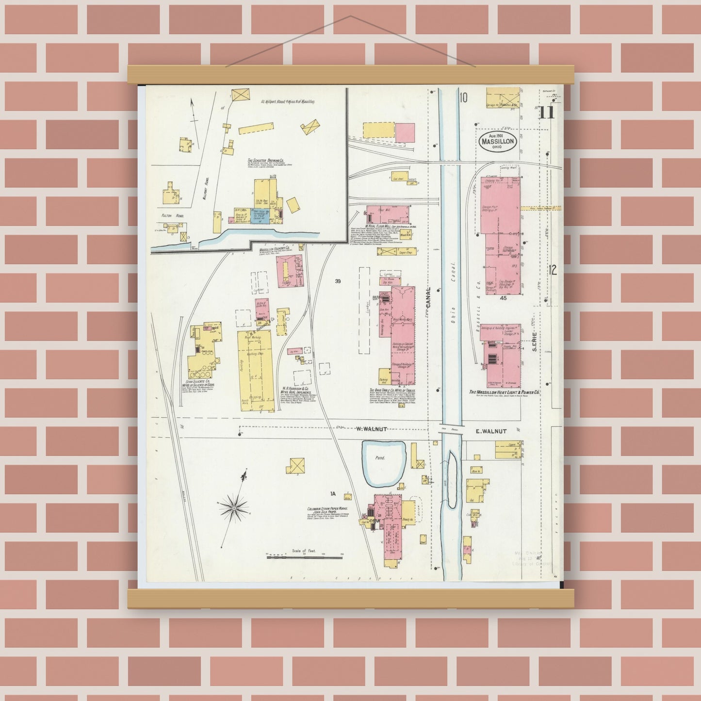 Old map wall art mockup — magnetic wood frame on brick wall — Sanborn Fire Insurance Map from Massillon, Stark County, Ohio (1901), Sheet #0011
