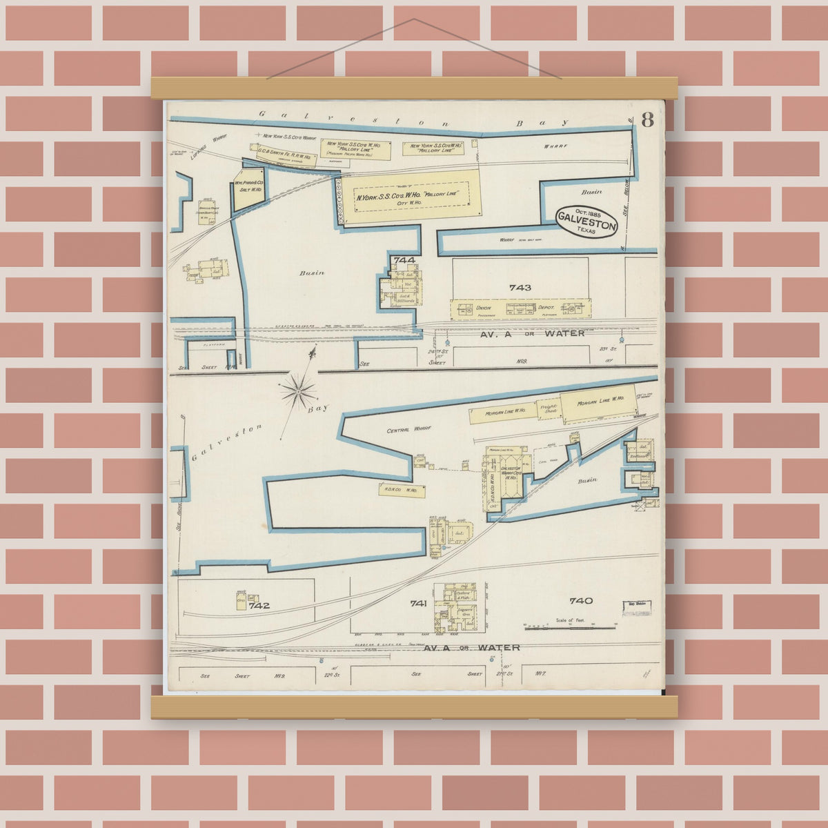 Old map wall art mockup — magnetic wood frame on brick wall — Sanborn Fire Insurance Map from Galveston, Galveston County, Texas (1885), Sheet #0008