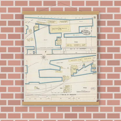 Old map wall art mockup — magnetic wood frame on brick wall — Sanborn Fire Insurance Map from Galveston, Galveston County, Texas (1885), Sheet #0008