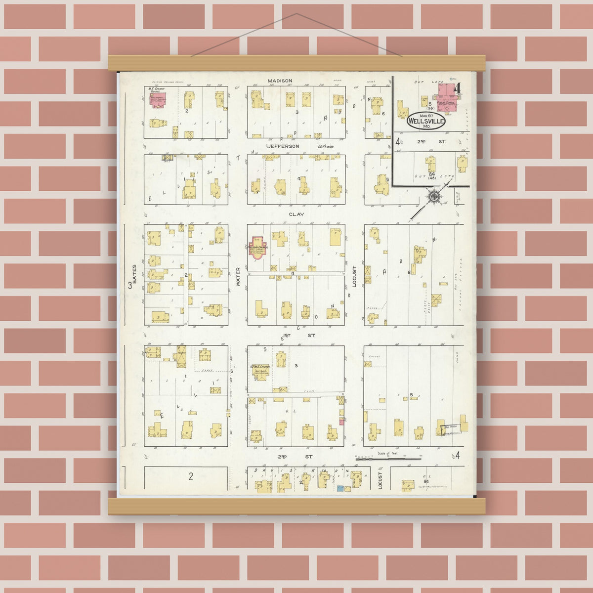 Old map wall art mockup — magnetic wood frame on brick wall — Sanborn Fire Insurance Map from Wellsville, Montgomery County, Missouri (1917), Sheet #0004