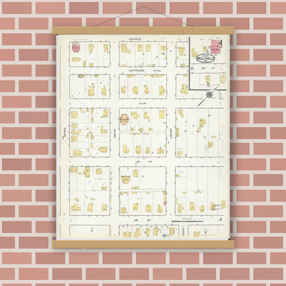 Old map wall art mockup — magnetic wood frame on brick wall — Sanborn Fire Insurance Map from Wellsville, Montgomery County, Missouri (1917), Sheet #0004
