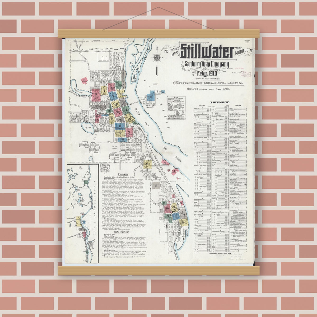 Old map wall art mockup — magnetic wood frame on brick wall — Sanborn Fire Insurance Map from Stillwater, Washington County, Minnesota (1910), Sheet #0001