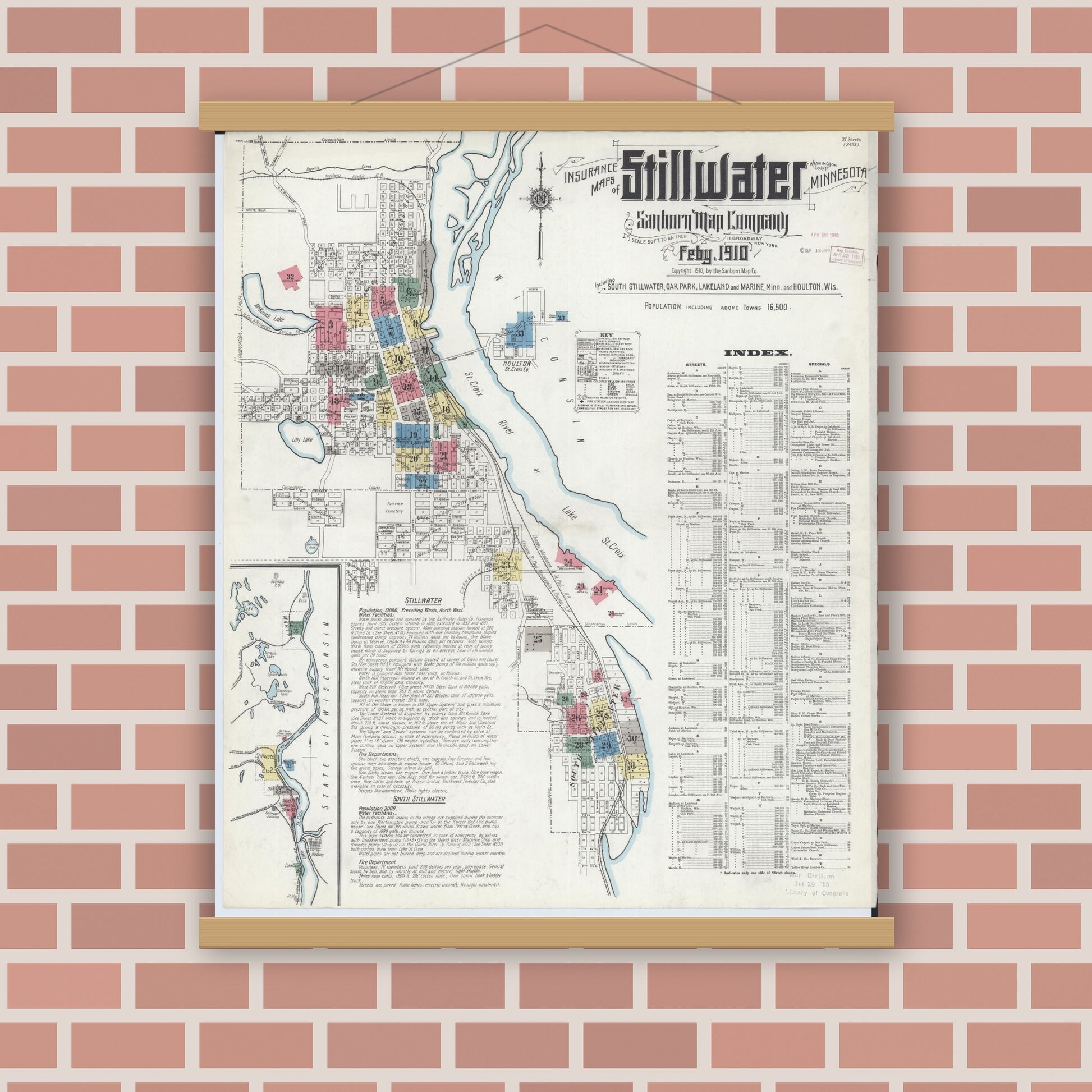 Old map wall art mockup — magnetic wood frame on brick wall — Sanborn Fire Insurance Map from Stillwater, Washington County, Minnesota (1910), Sheet #0001