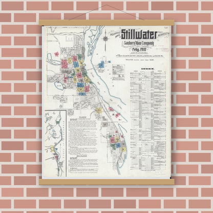 Old map wall art mockup — magnetic wood frame on brick wall — Sanborn Fire Insurance Map from Stillwater, Washington County, Minnesota (1910), Sheet #0001