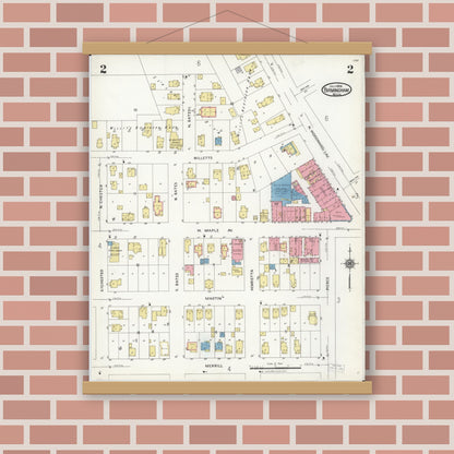 Old map wall art mockup — magnetic wood frame on brick wall — Sanborn Fire Insurance Map from Birmingham, Oakland County, Michigan (1926), Sheet #0002