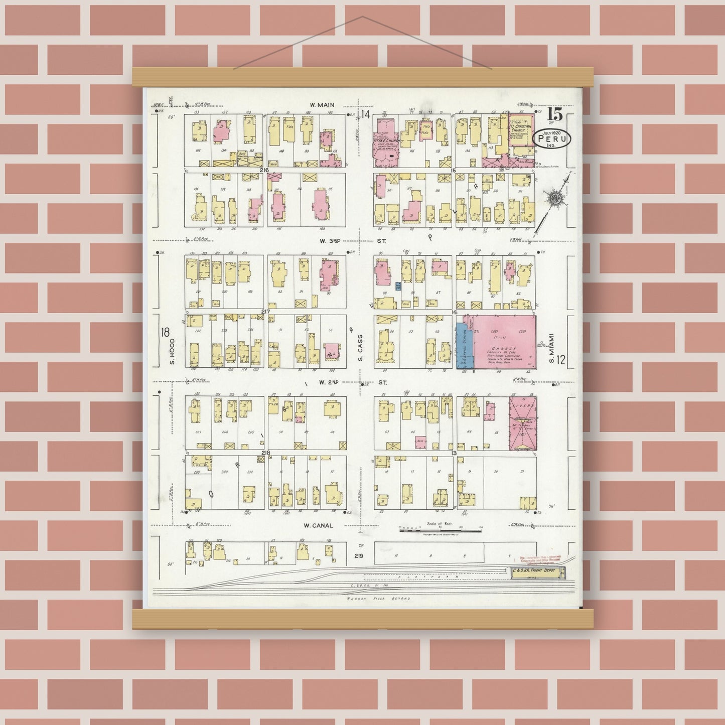 Old map wall art mockup — magnetic wood frame on brick wall — Sanborn Fire Insurance Map from Peru, Miami County, Indiana (1920), Sheet #0015