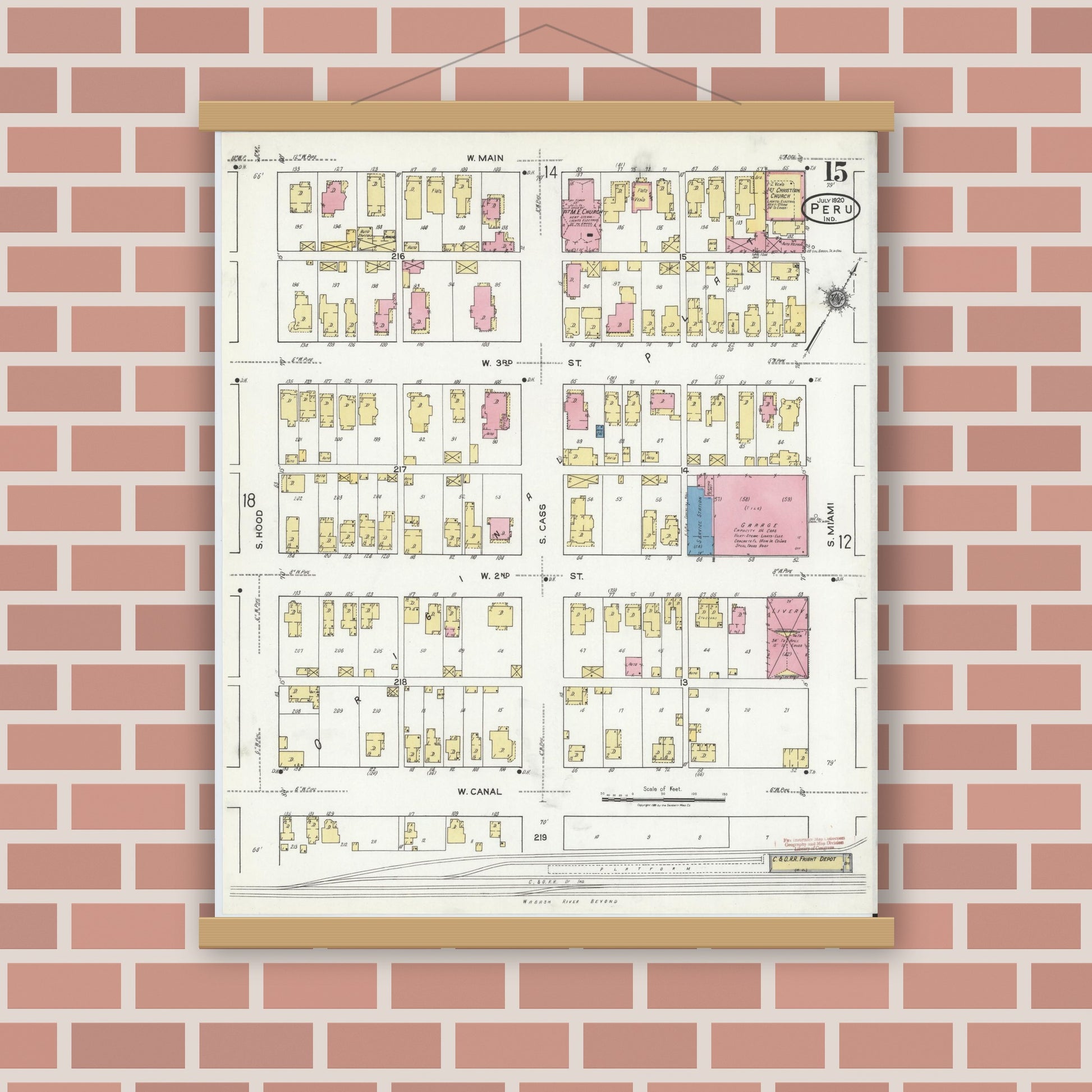 Old map wall art mockup — magnetic wood frame on brick wall — Sanborn Fire Insurance Map from Peru, Miami County, Indiana (1920), Sheet #0015