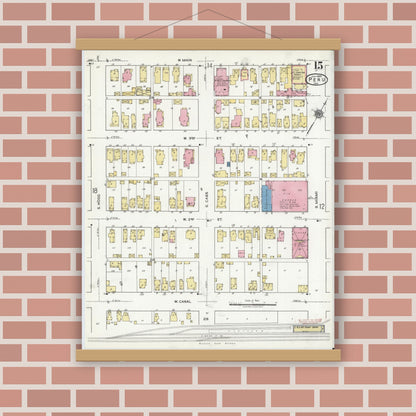 Old map wall art mockup — magnetic wood frame on brick wall — Sanborn Fire Insurance Map from Peru, Miami County, Indiana (1920), Sheet #0015