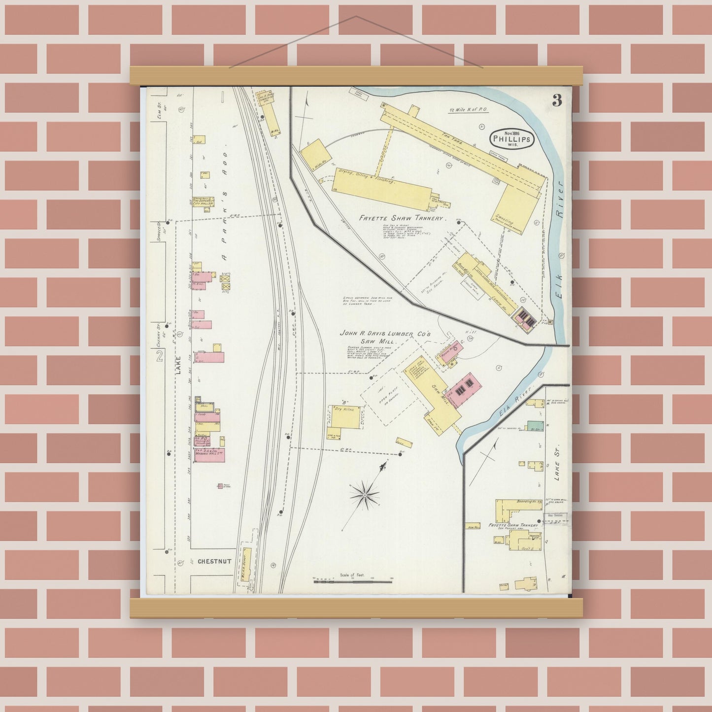 Old map wall art mockup — magnetic wood frame on brick wall — Sanborn Fire Insurance Map from Phillips, Price County, Wisconsin (1895), Sheet #0003