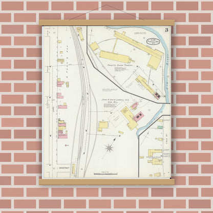 Old map wall art mockup — magnetic wood frame on brick wall — Sanborn Fire Insurance Map from Phillips, Price County, Wisconsin (1895), Sheet #0003