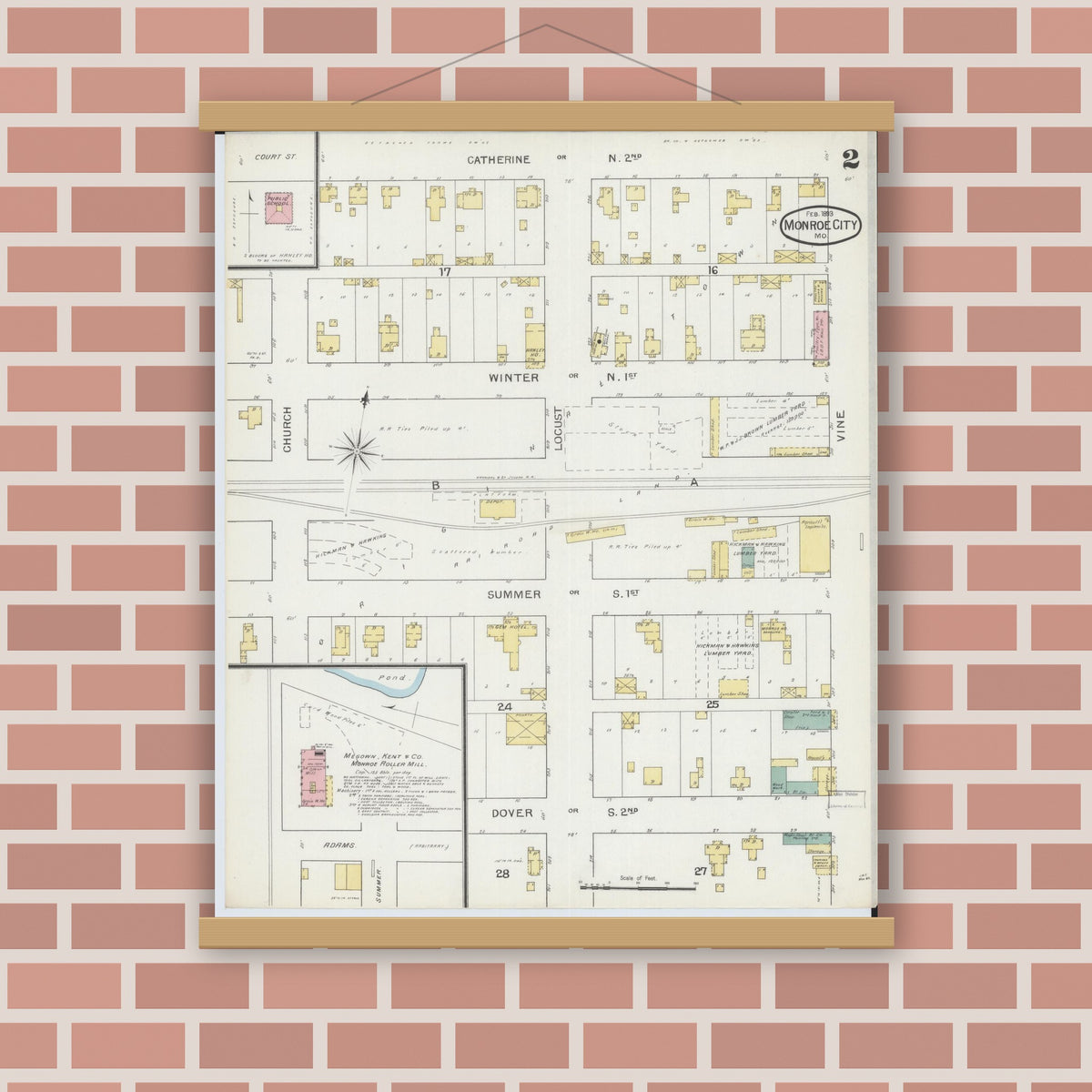 Old map wall art mockup — magnetic wood frame on brick wall — Sanborn Fire Insurance Map from Monroe City, Monroe County, Missouri (1893), Sheet #0002