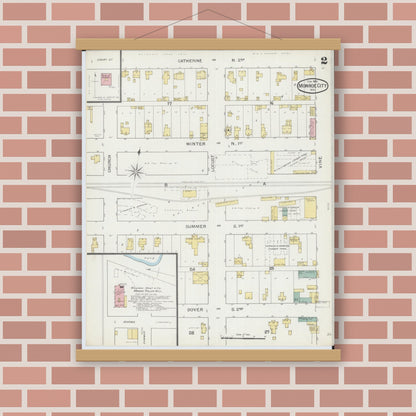 Old map wall art mockup — magnetic wood frame on brick wall — Sanborn Fire Insurance Map from Monroe City, Monroe County, Missouri (1893), Sheet #0002