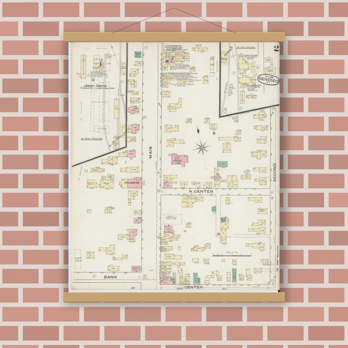 Old map wall art mockup — magnetic wood frame on brick wall — Sanborn Fire Insurance Map from Geneseo, Livingston County, New York (1885), Sheet #0002