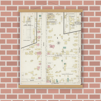 Old map wall art mockup — magnetic wood frame on brick wall — Sanborn Fire Insurance Map from Geneseo, Livingston County, New York (1885), Sheet #0002