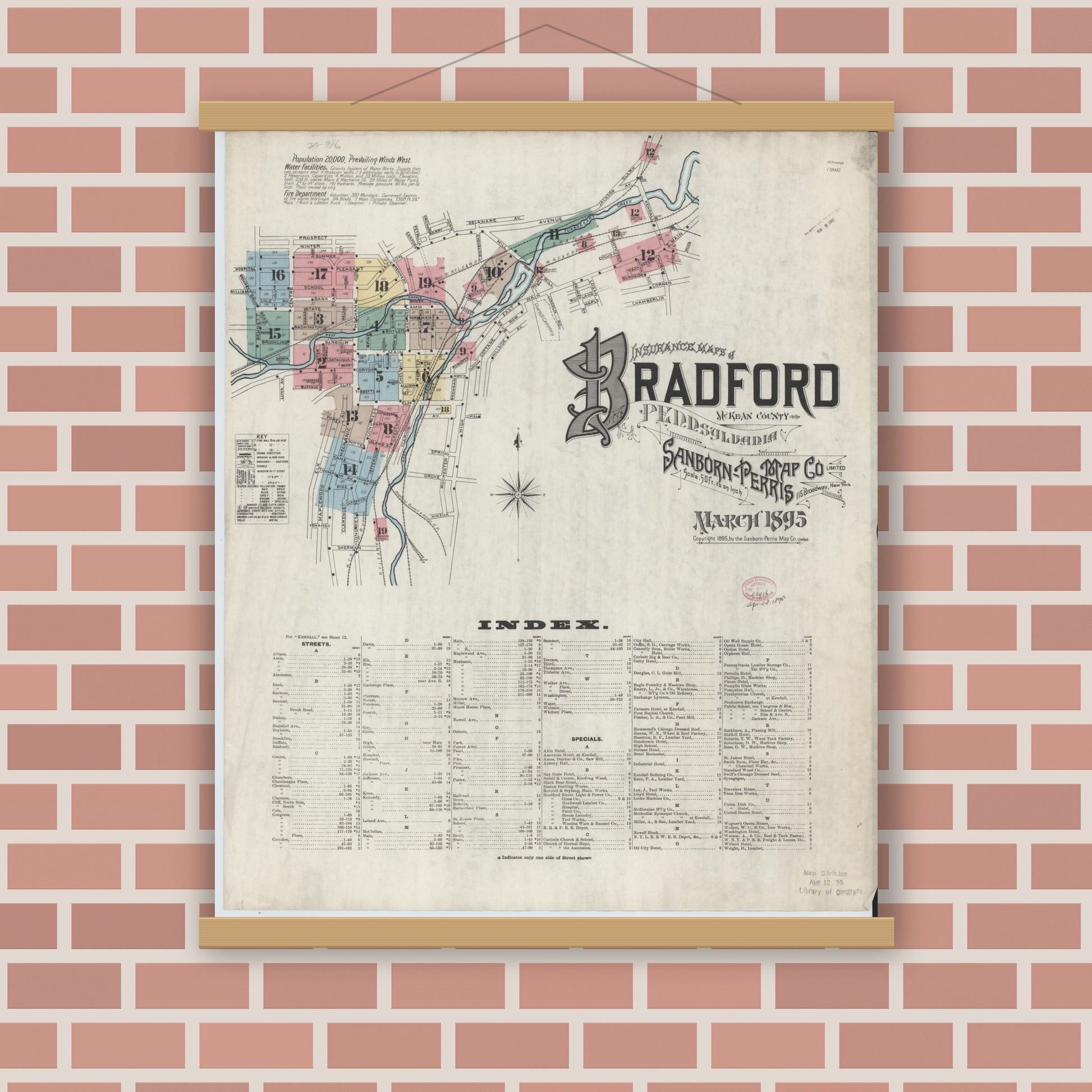 Old map wall art mockup — magnetic wood frame on brick wall — Sanborn Fire Insurance Map from Bradford, McKean County, Pennsylvania (1895) - Complete Map Set