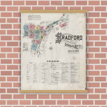 Old map wall art mockup — magnetic wood frame on brick wall — Sanborn Fire Insurance Map from Bradford, McKean County, Pennsylvania (1895) - Complete Map Set