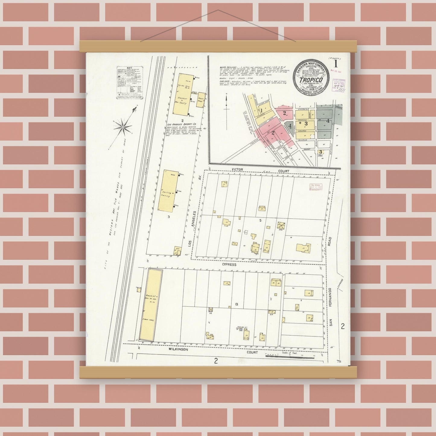 Old map wall art mockup — magnetic wood frame on brick wall — Sanborn Fire Insurance Map from Tropico, Los Angeles County, California (1908) - Complete Map Set