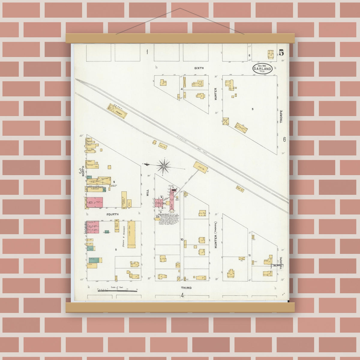Old map wall art mockup — magnetic wood frame on brick wall — Sanborn Fire Insurance Map from Garland, Dallas County, Texas (1906), Sheet #0005