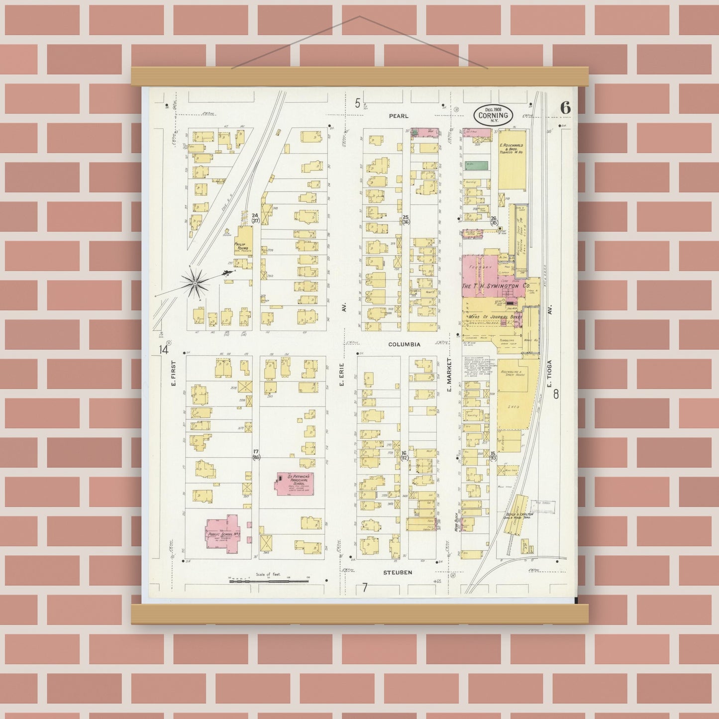 Old map wall art mockup — magnetic wood frame on brick wall — Sanborn Fire Insurance Map from Corning, Steuben County, New York (1908), Sheet #0006