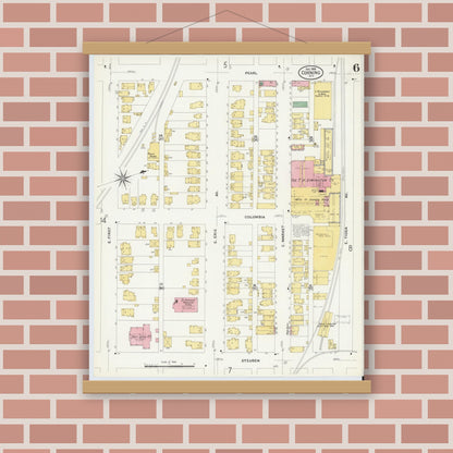 Old map wall art mockup — magnetic wood frame on brick wall — Sanborn Fire Insurance Map from Corning, Steuben County, New York (1908), Sheet #0006