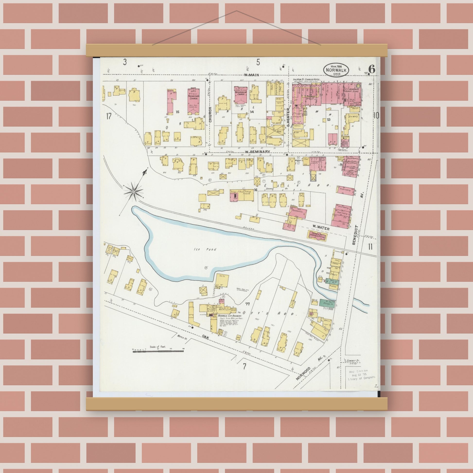 Old map wall art mockup — magnetic wood frame on brick wall — Sanborn Fire Insurance Map from Norwalk, Huron County, Ohio (1906), Sheet #0006