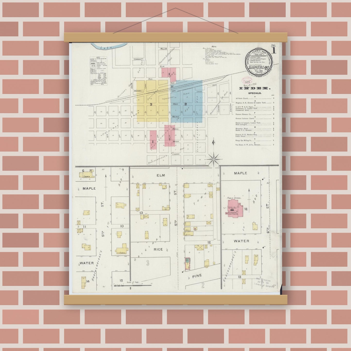 Old map wall art mockup — magnetic wood frame on brick wall — Sanborn Fire Insurance Map from Sleepy Eye, Brown County, Minnesota (1894) - Complete Map Set