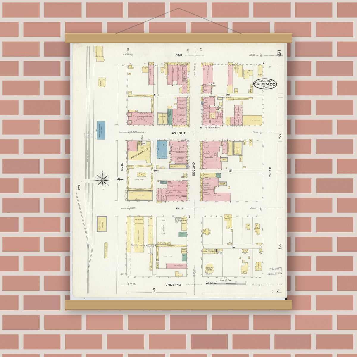 Old map wall art mockup — magnetic wood frame on brick wall — Sanborn Fire Insurance Map from Colorado, Mitchell County, Texas (1908), Sheet #0005