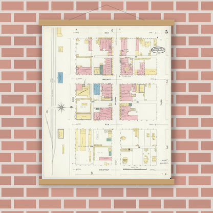 Old map wall art mockup — magnetic wood frame on brick wall — Sanborn Fire Insurance Map from Colorado, Mitchell County, Texas (1908), Sheet #0005